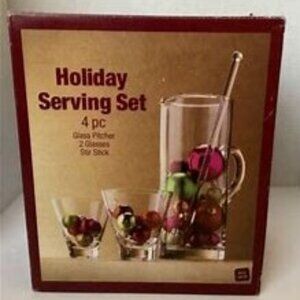Ulta Beauty Holiday Serving Set 4-pc Glass Pitcher, 2 Glasses, Stir Stick NEW